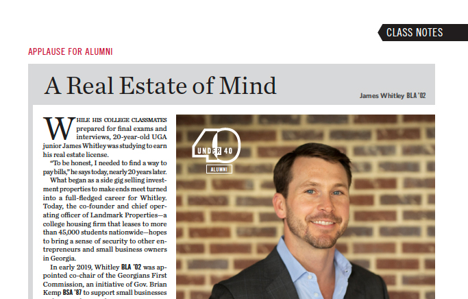 James Whitley (BLA ’02) is featured in the Class Notes section of the Spring issue of Georgia, the Magazine of the University of Georgia.