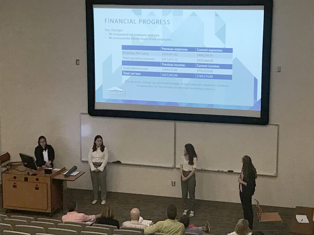 A Shark Tank group presents to judges.