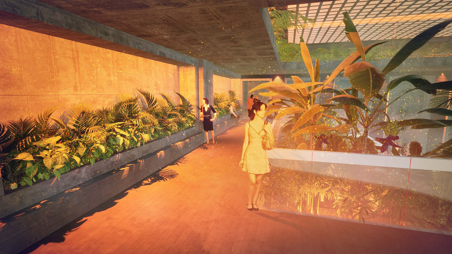 Luca Antinozzi created this art rendering using the software TwinMotion and Photoshop. Luca created a warm, inviting space within a jungle brutalism-themed design using a tropical plant color palette. 