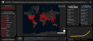 Screenshot of ESRI dashboard tracking the global spread of covid-19