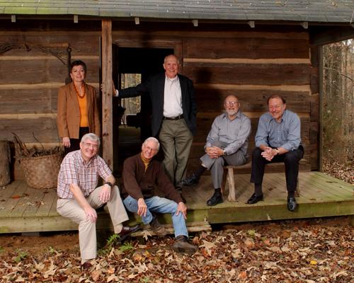 Former chairs of the EECP Faculty assembled on the porch of Eugene Odum's cabin