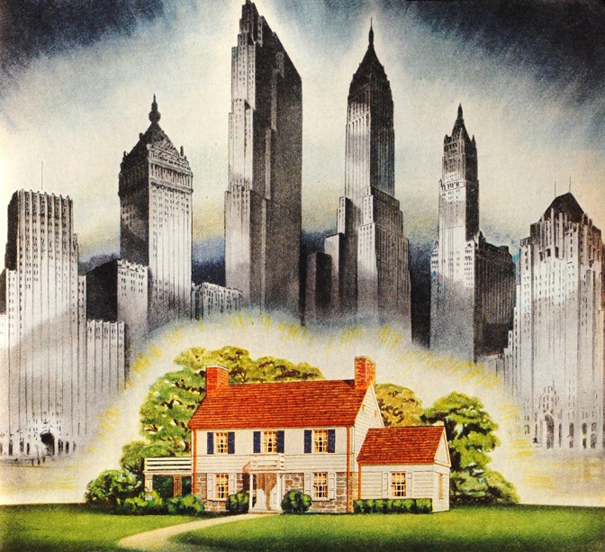 image from article contrasting suburban house in foreground with looming highrises in background