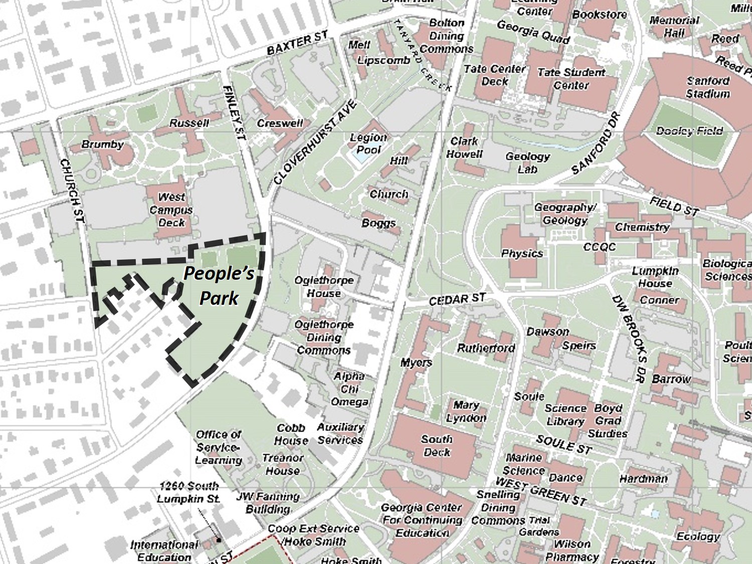 A map of the UGA campus with People's Park outlined.