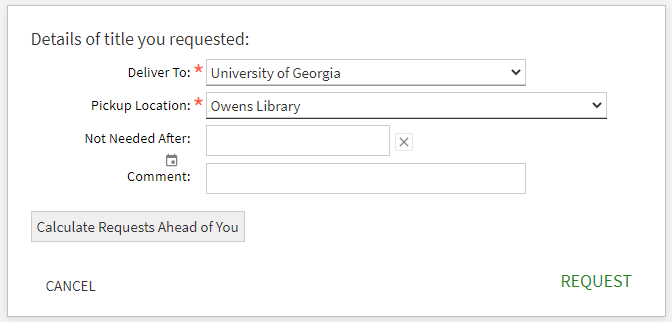Clipping of UGA online book request.