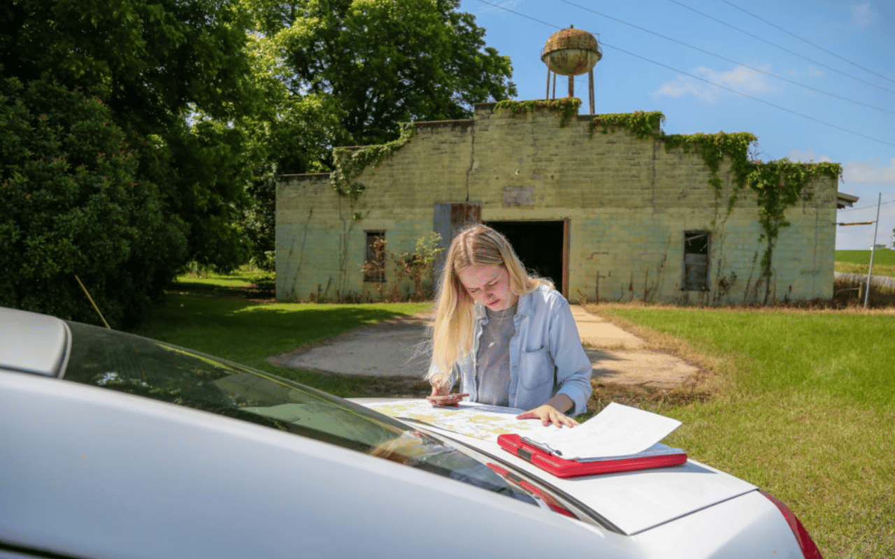 A UGA CED student looks at plans on the hood of a car.