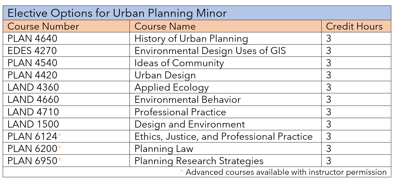 Urban Planning Minor Elective chart