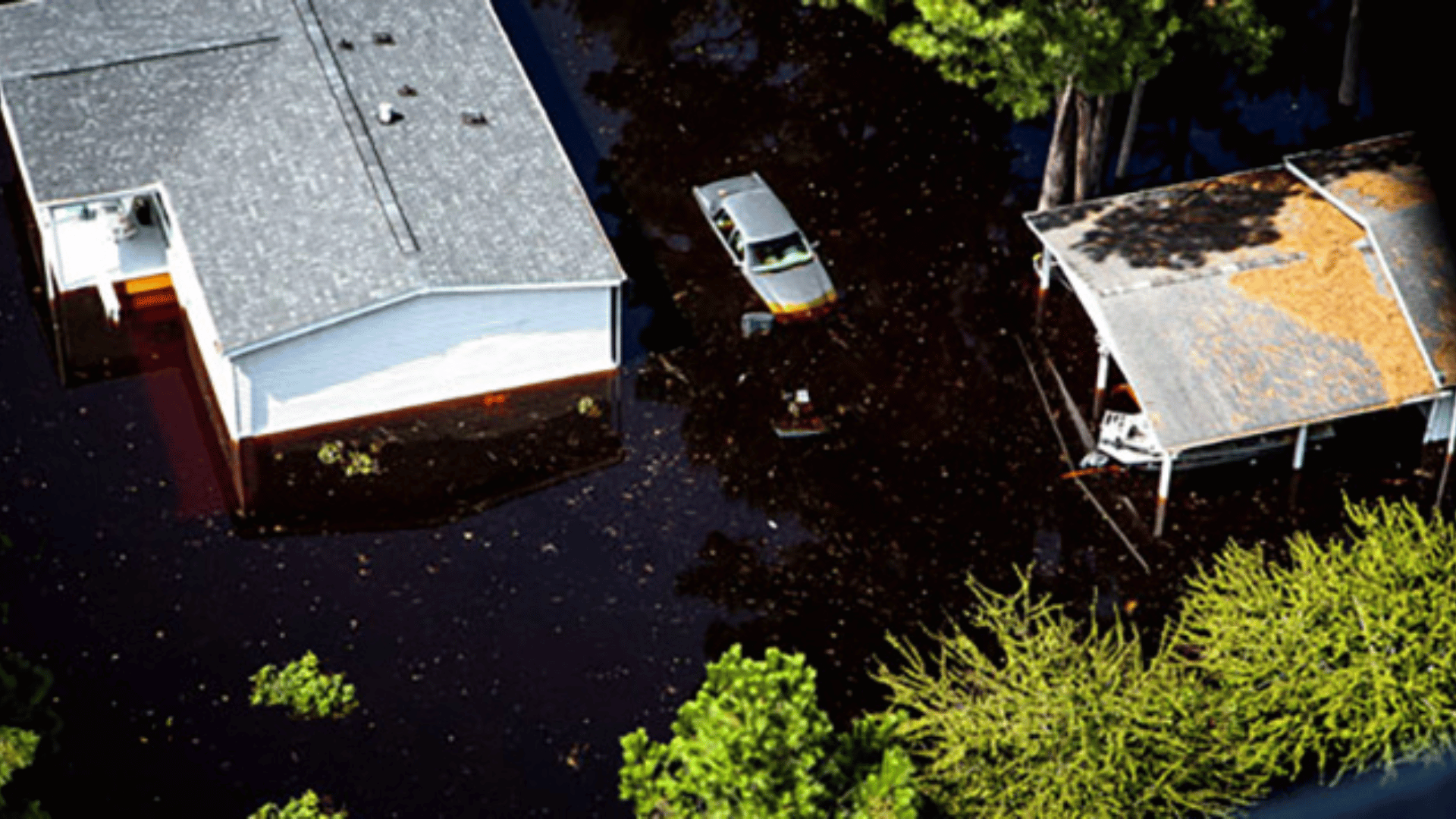 Aerial view of flooded houses