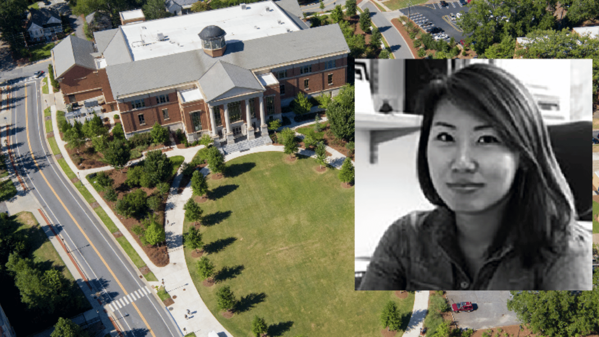 Aerial view of a UGA building and headshot of Sungkyung Lee