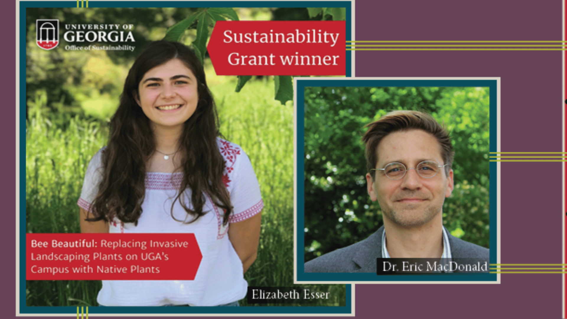 Sustainability grant winner banner graphic with Eric MacDonald and Elizabeth Esser