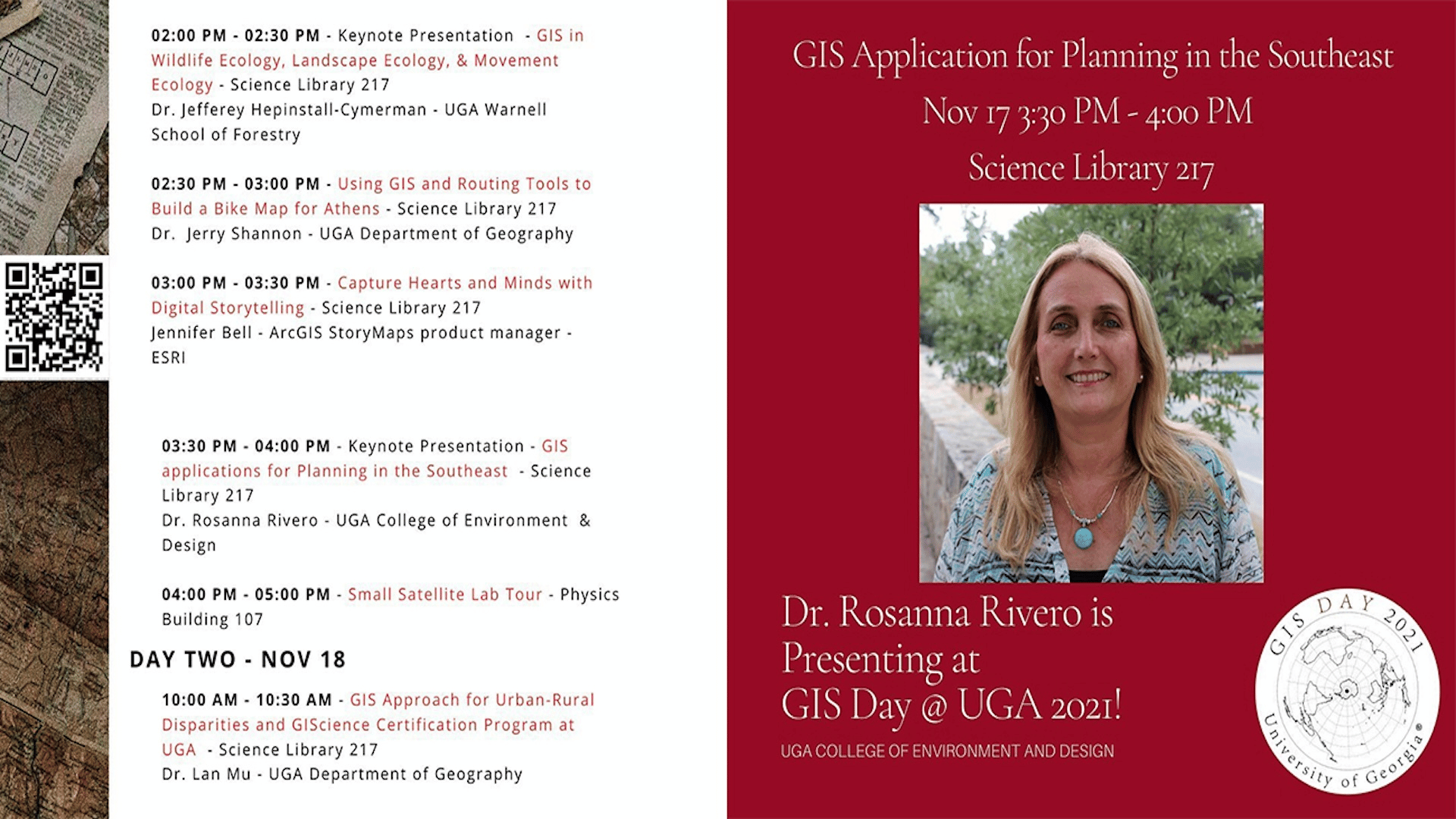 UGA GIS Day Lecture banner with Dr. Rosanna Rivero