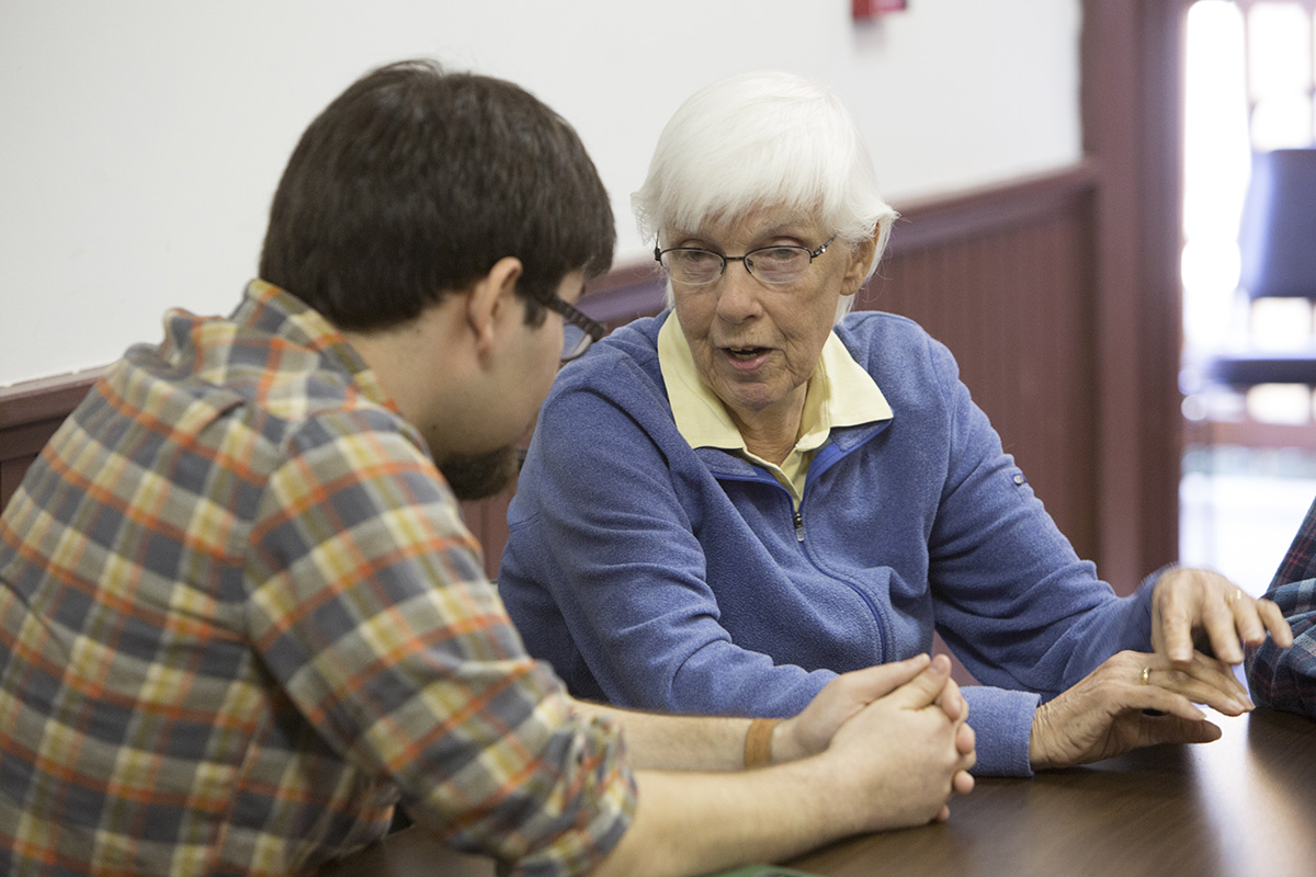 Landscape architecture major Jacob Schindler listens to Winterville resident Martha Beach.Date of Photo: 2/24/2017
Credit: Peter Frey, University of Georgia
Photographic Services File: 34633-098  The University of Georgia owns the rights to this image or has permission to redistribute this image. Permission to use this image is granted for internal UGA publications and promotions and for a one-time use for news purposes. Separate permission and payment of a fee is required to use any image for any other purpose, including but not limited to, commercial, advertising or illustrative purposes. Unauthorized use of any of these copyrighted photographs is unlawful and may subject the user to civil and criminal penalties. Possession of this image signifies agreement to all the terms described above.