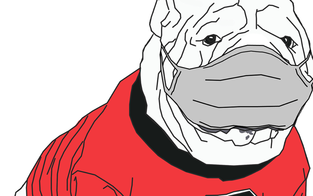 Graphic of a Georgia Bulldog wearing a mask.