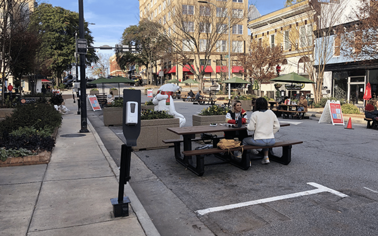 Public gathering space on College Avenue in downtown Athens.