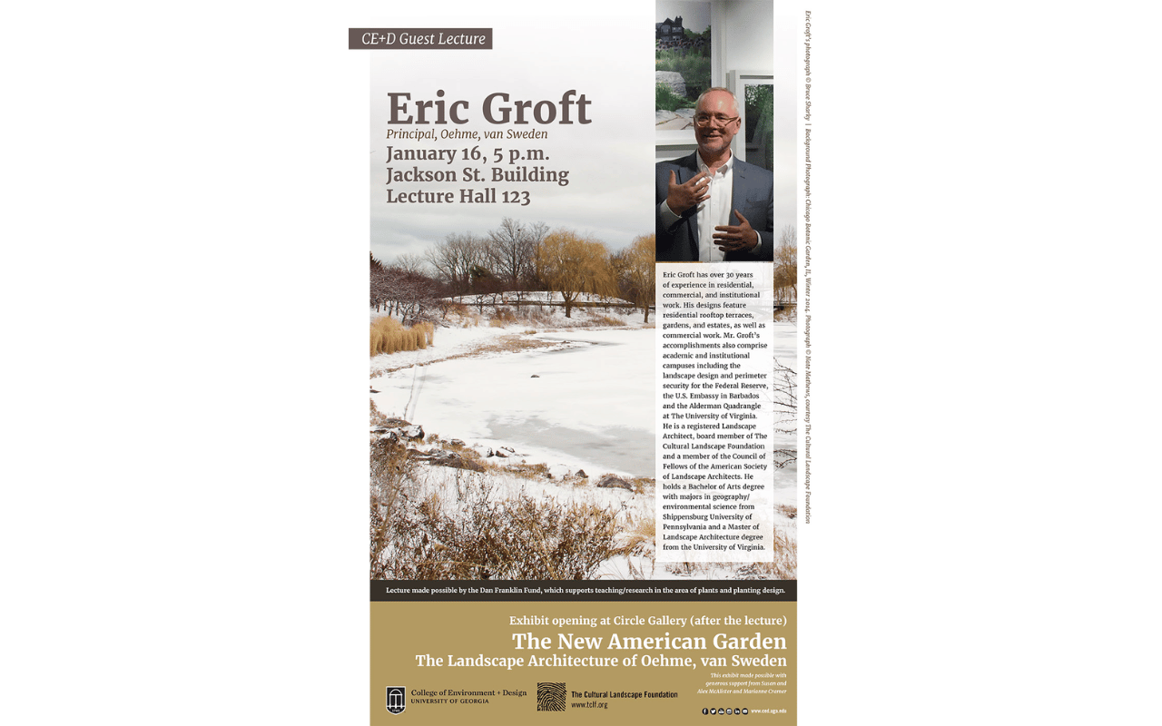 Poster promoting Eric Groft's visit and lecture at the UGA CED.