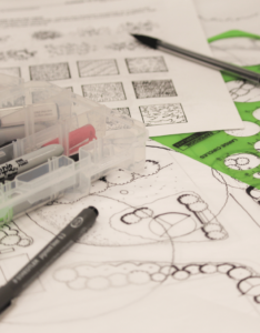 Landscape architecture designs with pens, pencils, and stencils.