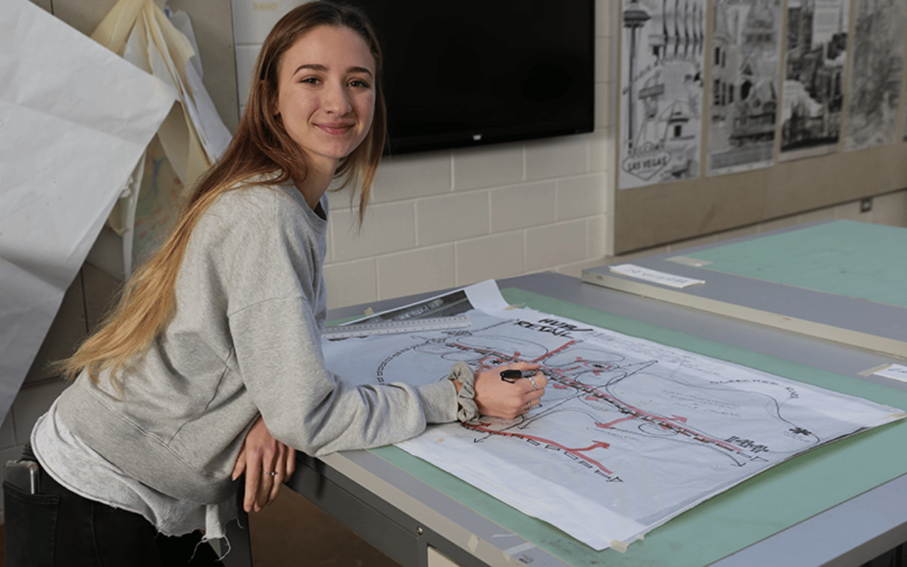 A UGA CED student works on designs for a mixed-use center for The City of Richmond Hill.