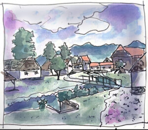 Olivia Basset created this plein air watercolor while studying abroad in Croatia through the CED’s Maymester course. While in the town of Kumrovec, Croatia, Olivia was inspired by the town itself being turned into an outdoor ethnological museum.