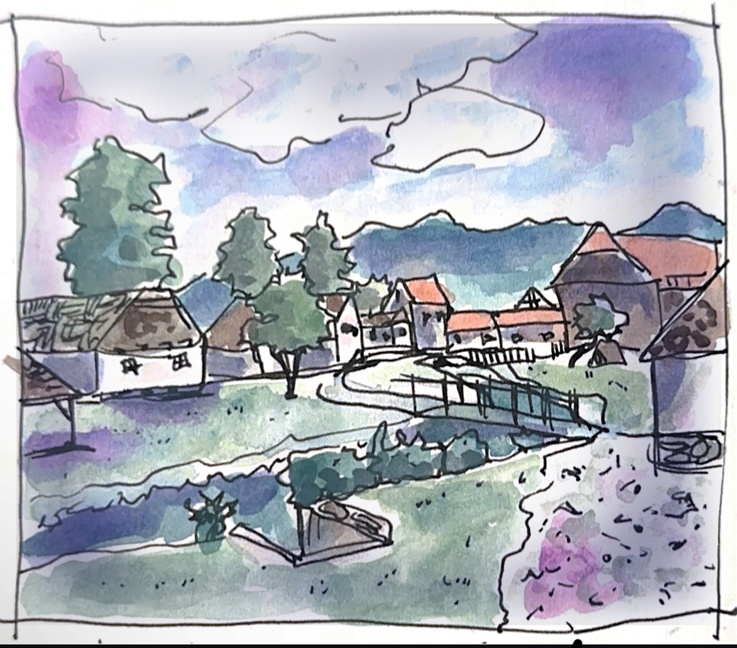 Olivia Basset created this plein air watercolor while studying abroad in Croatia through the CED’s Maymester course. While in the town of Kumrovec, Croatia, Olivia was inspired by the town itself being turned into an outdoor ethnological museum. 