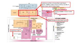 Site map showing Classic Center layout with labeled areas for conference rooms, parking deck, Hyatt Place Hotel, and main entrance for the Short Course.