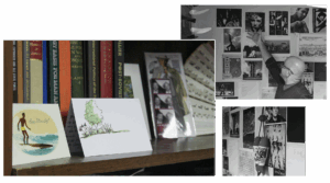 Collage featuring books and cards on a shelf, alongside photos of a person pointing to a wall covered in art prints and posters.