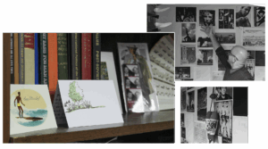 Collage featuring books and cards on a shelf, alongside photos of a person pointing to a wall covered in art prints and posters.