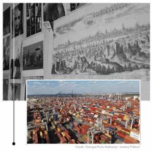 Collage featuring a historic city map labeled “Constantinopolis” and a modern aerial view of a busy shipping port filled with colorful cargo containers and cranes.