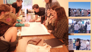 Collage of landscape architecture students collaborating on design work and conducting site visits. The main image shows students gathered around a table reviewing a large plan, while smaller photos on the right show them exploring outdoor sites, walking through landscapes, and observing field conditions.