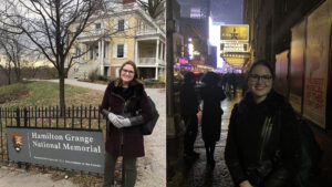 Left: Mayo stands in front of the Hamilton Grange National Memorial. Right: Mayo standing on a sidewalk in front of a Hamilton marquee.