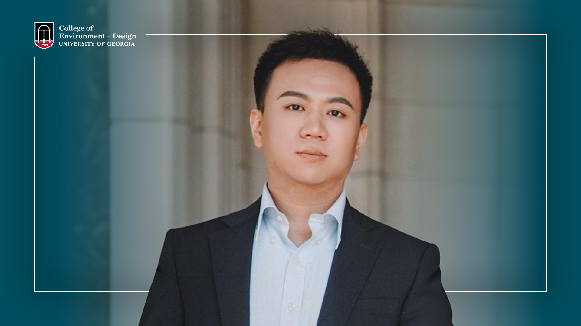 Portrait of Dr. Zhongzhe Shen, with a white frame around the image, the CED logo and a blue gradient on either side.