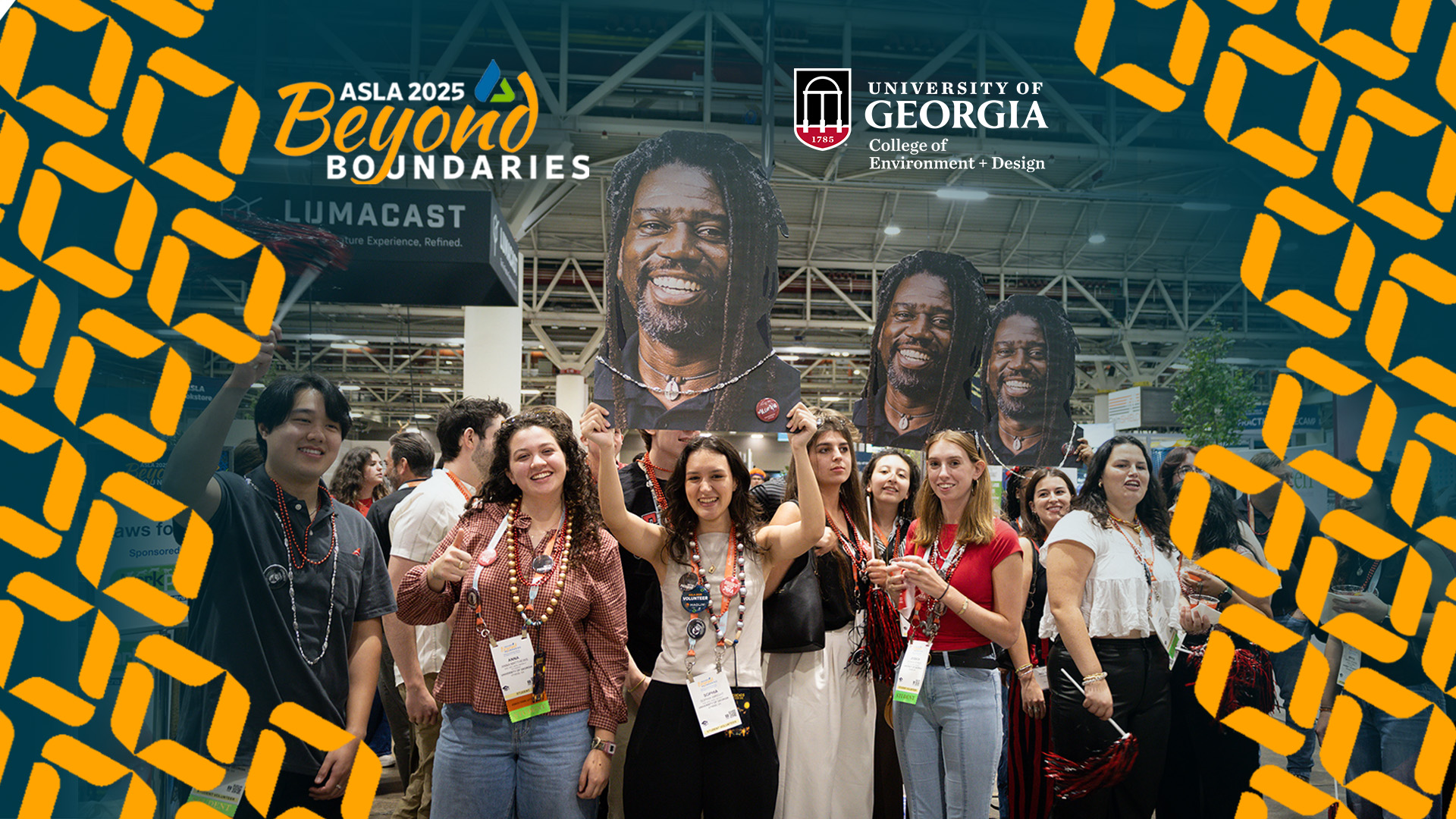 Graphic photo illustration. Group of CED students holding cutouts of ASLA President Kona Gray's head. Yellow graphic elements frame the image. The ASLA Beyond Boundaries Logo and CED logo are placed at the top of the image.