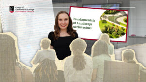 Photo collage featuring headshot of Megan Janssen with a photo of her presentation, Fundamentals of Landscape Architecture.